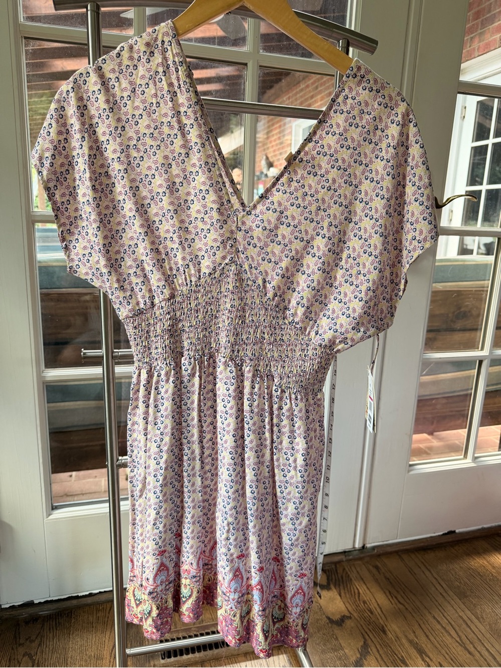 BeBop Light Pink Floral V-Neck Smocked Mini Dress with Border Print